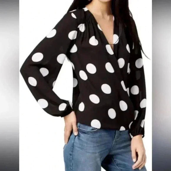 INC International Concepts Surplice Black White Polka Dot Wrap Blouse Size XL - Picture 1 of 11